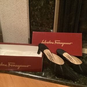 Ferragamo Mules Sandal Black Suede Womens Size EU 37 US 6